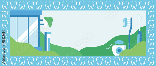 Dental Clinic Panoramic Vector Banner with Tooth Outlines Border, Featuring Oral Care Essentials like Toothbrush, Floss, and Pick on a Scenic Green Landscape Background with Ample Copy Space.