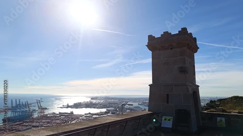  Panoramic cityscape of the barcelona harbor from the anti-aircraft battery at Montjuic Castle, Barcelona, Spain