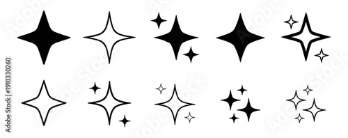 Star sparkle and shine icon collection, glitter twinkle flash light symbols in solid and outline vector isolated on transparent background
