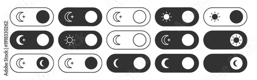 Dark and light mode toggle switch icon collection, day night theme UI button controls in outline and solid vector isolated on transparent background