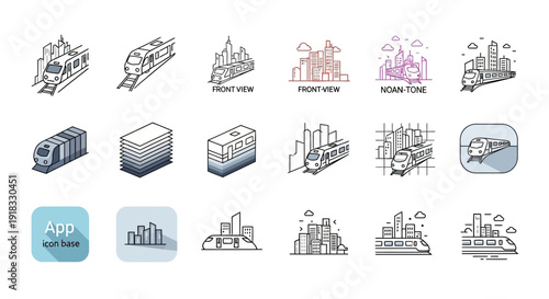 A collection of diverse line art and isometric icons depicting trains, urban cityscapes, and architectural structures, suitable for graphic design and application interfaces.
