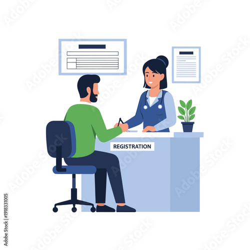 Man registering at a reception desk with a female receptionist.