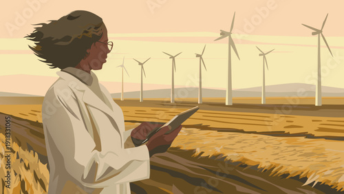 Black scientist in the field of wind energy, analyzing data on a tablet with the wind in his face and an endless horizon.