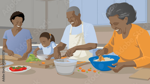 A multigenerational family cooking together in a sustainable smart kitchen, laughter and local ingredients scattered across the countertop.