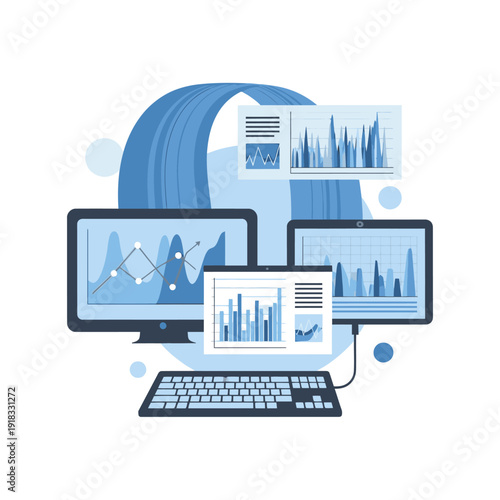 Multiple computer screens displaying various statistical graphs and charts.
