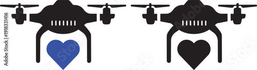 Aerial Drone Love: Depicting two drone silhouettes, one blue, one black, each carrying a heart, symbolizing the fusion of technology and affection. 