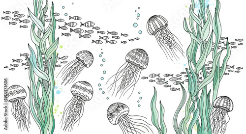 Vibrant underwater scene with jellyfish and fish swimming among seaweed