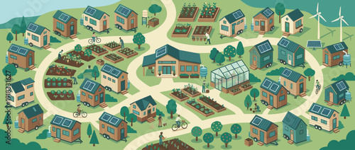 Sustainable tiny house community with solar panels, shared vegetable gardens, wind turbines, and people gardening or cycling. Eco-friendly off-grid village landscape flat vector illustration.