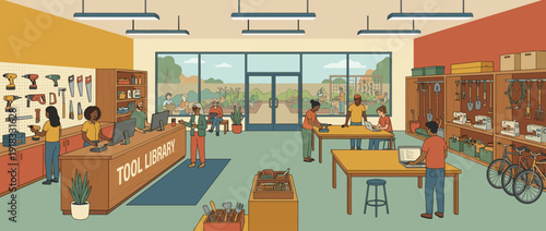 Flat vector illustration of a modern community tool library with shared equipment like power tools, gardening gear, and sewing machines. Diverse people at a lending desk and workshop area.
