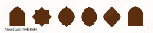 Islamic door and window silhouettes in Arabic arches. Oriental label collection