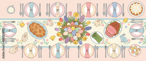 Panoramic flat vector illustration of a traditional Easter brunch table setting featuring decorated eggs, spring flowers, bunnies, ham, braided bread, and festive place settings in pastel.