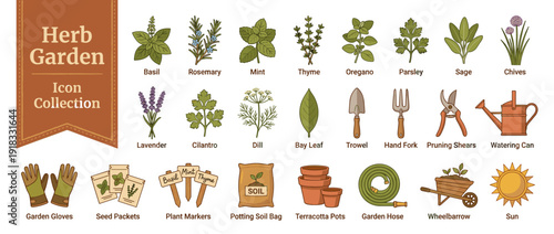 Vector Icon Set of 24 Herb Garden Varieties and Gardening Tools including Basil, Rosemary, Mint, Lavender, Trowel, Watering Can, Seed Packets, and Wheelbarrow in a Warm Earthy Flat Design Style