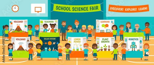 Flat Vector Illustration of Diverse Elementary School Children and Teachers at a School Science Fair with Colorful Experiment Displays for Volcanoes, Solar System, Robotics, and Plant Growth.