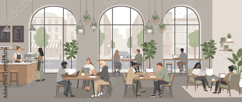 Modern coworking cafe interior with diverse people working on laptops at wooden tables and counters. Large arched windows overlook a city street. Minimalist flat vector illustration with plants.