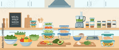 Modern kitchen counter flat vector illustration for meal prep week featuring organized glass containers with healthy food, fresh vegetables, chicken, grains, avocado, food processor, and tools.