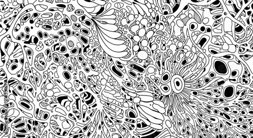 Intricate black and white abstract art with swirling patterns