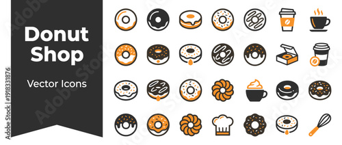 Donut Shop Vector Icon Set Featuring 32 Unique Varieties and Bakery Elements. Flat Design Icons of Glazed, Sprinkled, and Filled Donuts, Coffee Cups, Pastry Box, Chef Hat, and Whisk in Orange and