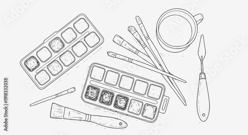 Artist Paintbrushes and Watercolor Paints Palette.