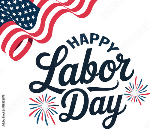 American flag waving with Happy Labor Day text and fireworks on transparent  background .