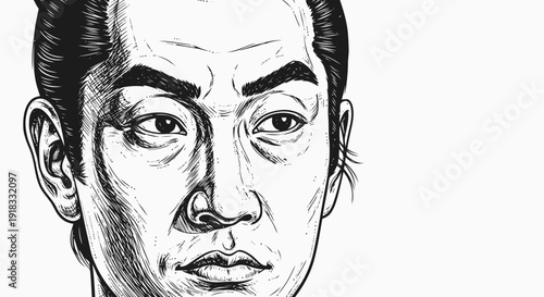 Detailed black and white male portrait sketch.