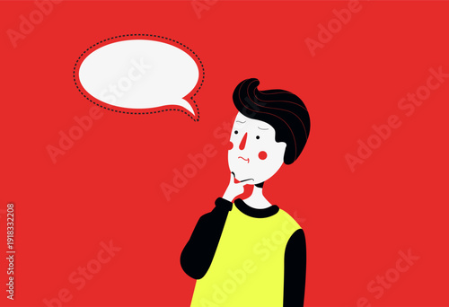 Pensive cartoon character with speech bubble on red background.