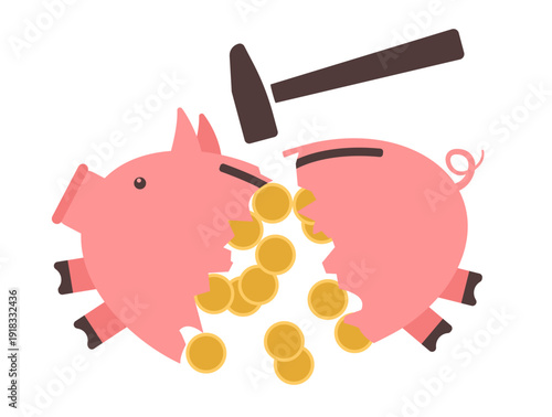 Piggy bank break: coins spill out with hammer impact.