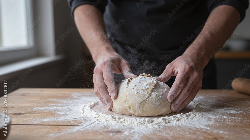 Fototapeta premium Hands kneading dough on floured wooden table, preparing homemade bread in a bright, rustic kitchen