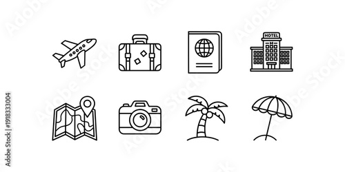 Travel essentials icons: plane, suitcase, passport, hotel, map, camera, palm tree, umbrella