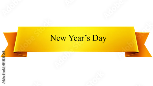 New Year�s Day Golden Ribbon Banner ,Glossy Yellow Orange Luxury Scroll Label Template Isolated on transparent  Background for Holiday Celebration Greeting, Festive Marketing and Event Design