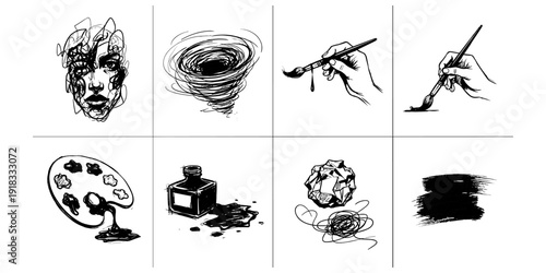 Abstract art tools and techniques in black and white sketch style