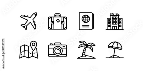 Travel icons set featuring airplane, luggage, passport, hotel, map, camera, palm tree, beach umbrella