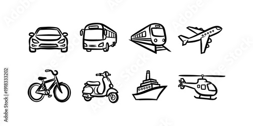 Hand drawn transport icons: car, bus, train, plane, bicycle, scooter, ship, helicopter