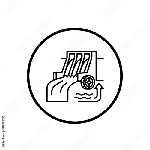 Hydroelectric power plant icon with water dam, turbine, and rising arrow representing renewable energy generation