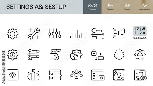 Collection of modern settings and setup icons for technology and business