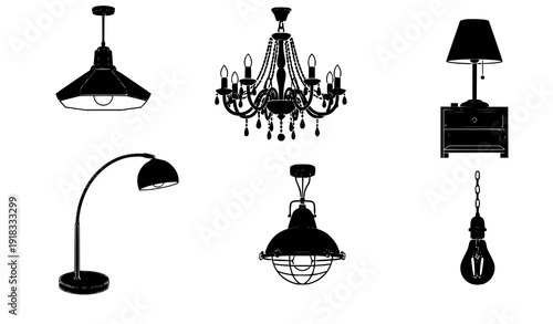 Decorative home lighting lamps silhouette vector collection