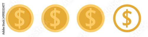 Gold coin set with dollar symbols on white background.