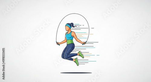 Woman in blue outfit jumping with jump rope motion lines fitness concept exercise workout healthy lifestyle athletic woman active sporty energetic dynamic movement