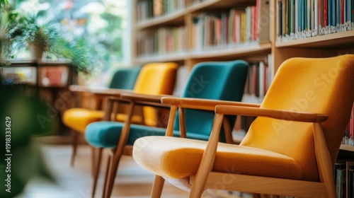 Wallpaper Mural Cozy library seating area with colorful chairs and bookshelves in the background. Torontodigital.ca