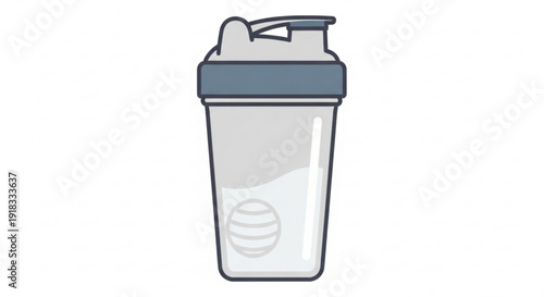 Transparent plastic shaker bottle with gray lid and flip top cap on white background ideal for fitness and protein supplements
