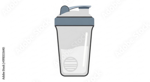 Transparent shaker bottle with grey lid and flip top cap empty container for protein shakes or supplements simple design on white background