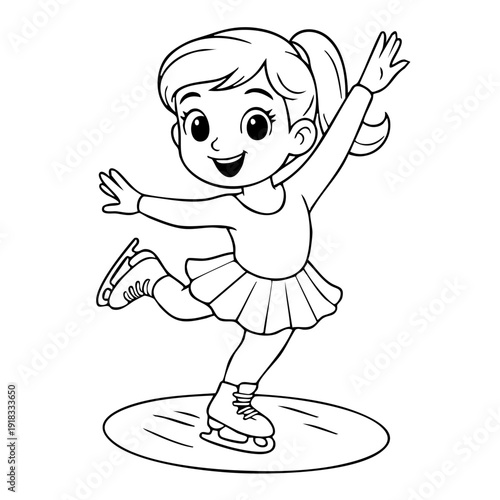 Charming illustration of a cheerful young girl ice skating with arms raised, wearing a white tutu and ice skates on a smooth rink, perfect for winter sports and happy childhood themes.