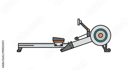 Rowing machine with orange and green flywheel on white background for fitness and exercise