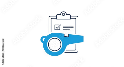 Blue whistle and checklist clipboard icon for inspection supervision or control concept