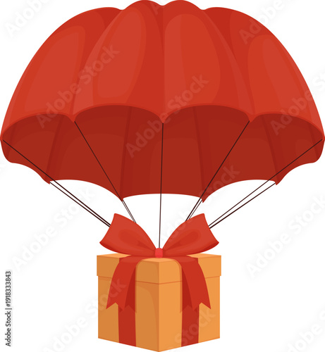 Gift box with red parachute landing safely.