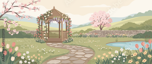 Flat vector illustration of a beautiful spring garden featuring a rustic stone path leading to a charming wooden gazebo decorated with climbing roses and wisteria flowers near a peaceful pond.