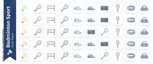 Professional Vector Icon Set of Badminton and Racquet Sport Equipment in Flat Design with Subtle Gradients. Features Shuttlecocks, Rackets, Nets, Shoes, Scoreboards, Headbands, and Gym Bags.