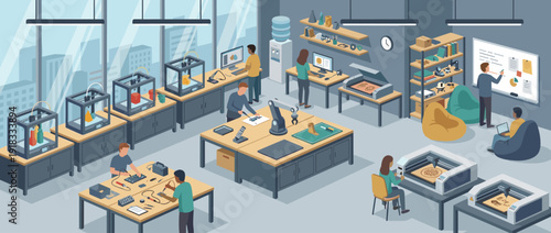 Modern Makerspace Illustration Featuring Engineers Using 3D Printers, Laser Cutters, and Robotic Arms in a Creative Tech Laboratory Workspace. Professional Flat Vector Design for Innovation and STEM.