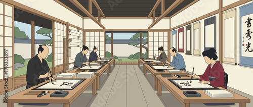 Flat Vector Illustration of a Traditional Japanese Calligraphy Workshop with Students in Kimonos Practicing Shodo Art Using Ink Brushes and Rice Paper in a Zen Dojo with Shoji Screens and Garden.