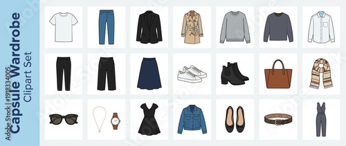 Vector Icon Set of 20 Capsule Wardrobe and Fashion Essentials Featuring Clothing, Shoes, and Accessories in Flat Design Minimal Shading Style for Minimalist Style, Outfit Planning, and Retail.