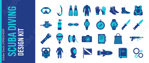 Comprehensive Scuba Diving and Snorkeling Gear Icon Set with 28 Flat Design Duotone Vector Illustrations of Underwater Equipment like Mask, Fins, Snorkel, Tank, Wetsuit, Compass, and Dive Computer